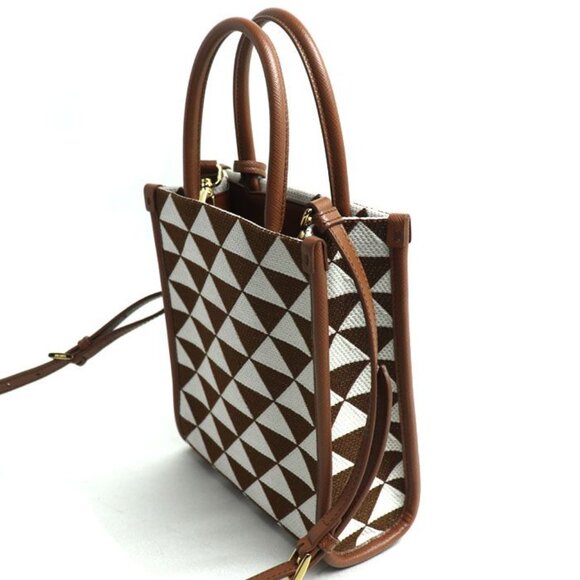 Prada Symbol Embroidered Fabric Mini 2 way Shoulder Bag Brown White Mbmb IC - Picture 2 of 9
